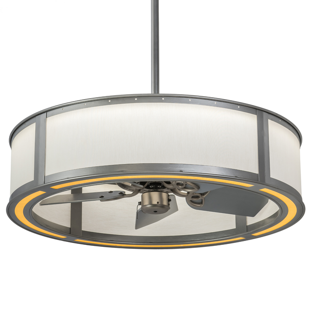 Angled lit view of Smythe Craftsman Chandel-Air with Beige Linen shade and Nickel finish.