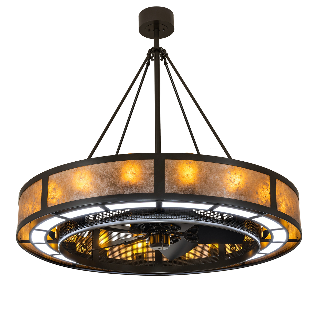 Lit angled view highlighting Amber Mica diffuser and fan design.