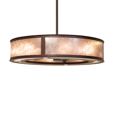 Smythe Craftsman chandelier fan with glowing Silver Mica shade and bronze finish.
