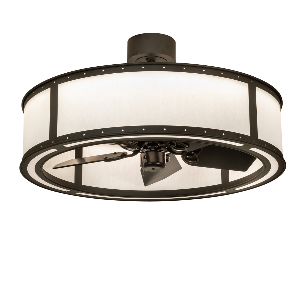 Smythe Craftsman round chandelier fan with soft glowing Textrene diffuser.