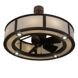 Bottom angle view showing integrated fan and downlights illumination.