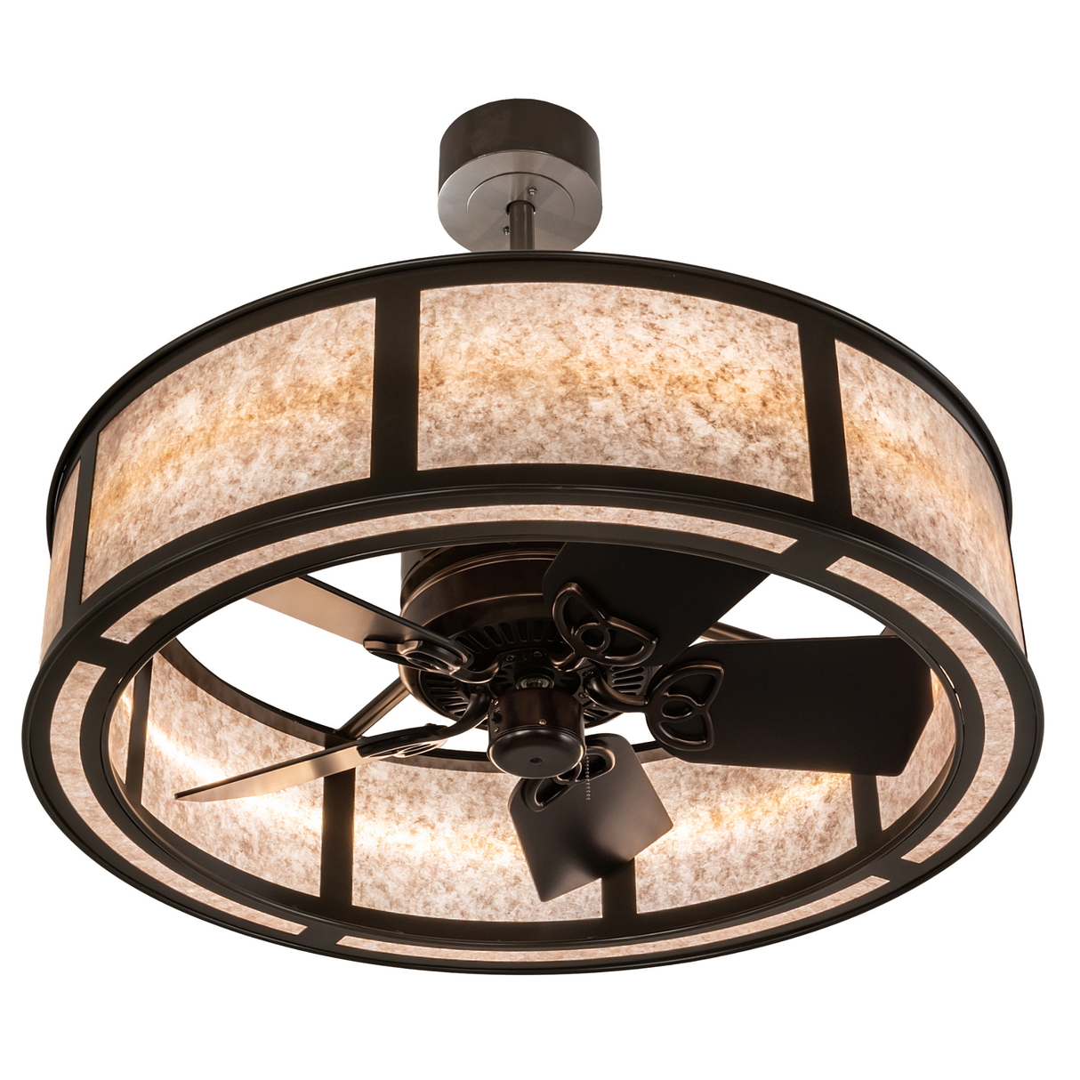 Bottom lit view showing integrated fan and circular LED lighting.