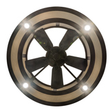 Bottom view highlighting fan blades and circular light diffuser.