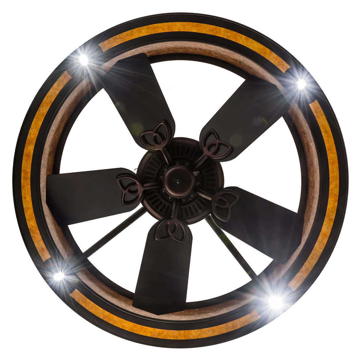 Downward view showing fan blades and LED glow.