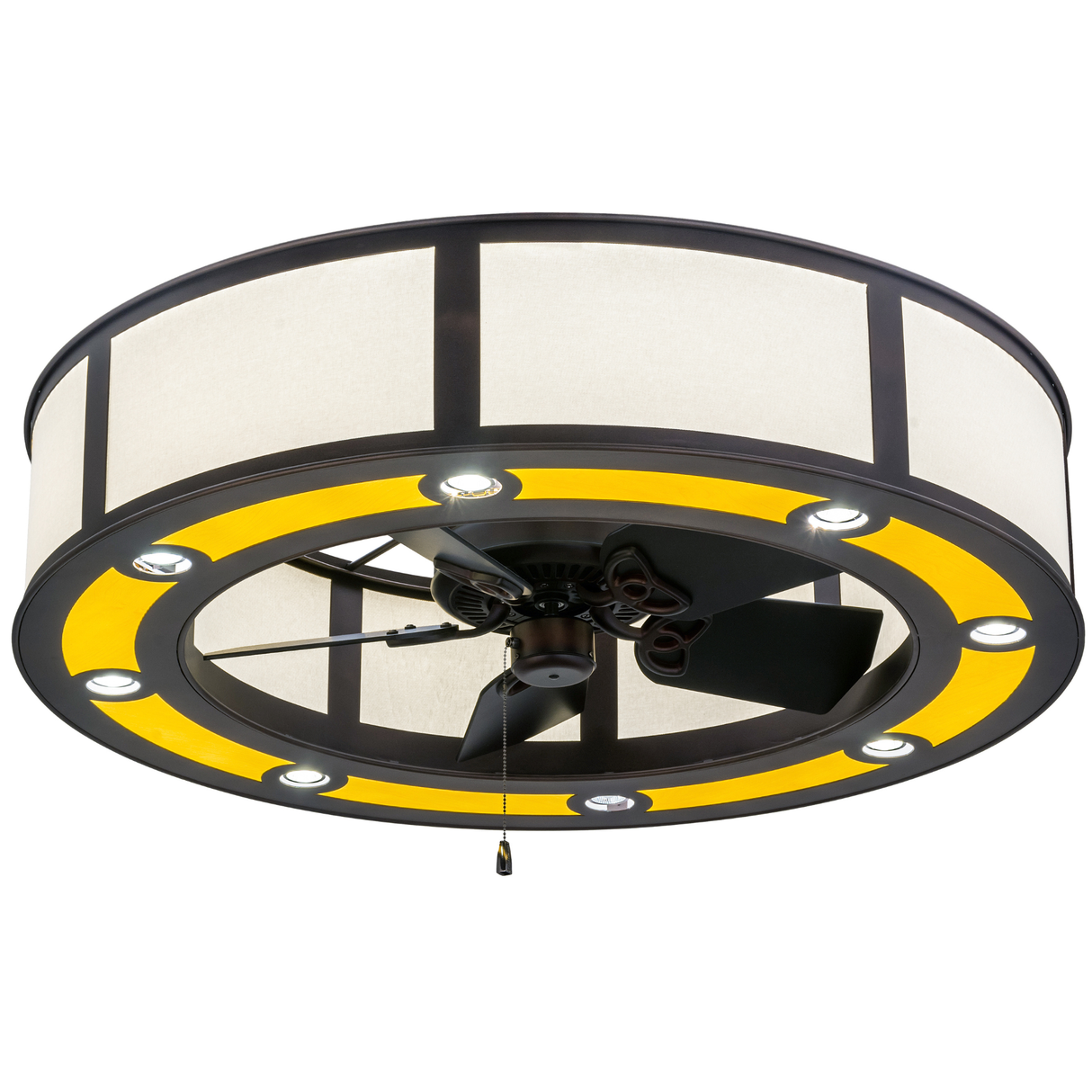 Bottom view with fan blades visible and LED lights illuminated.
