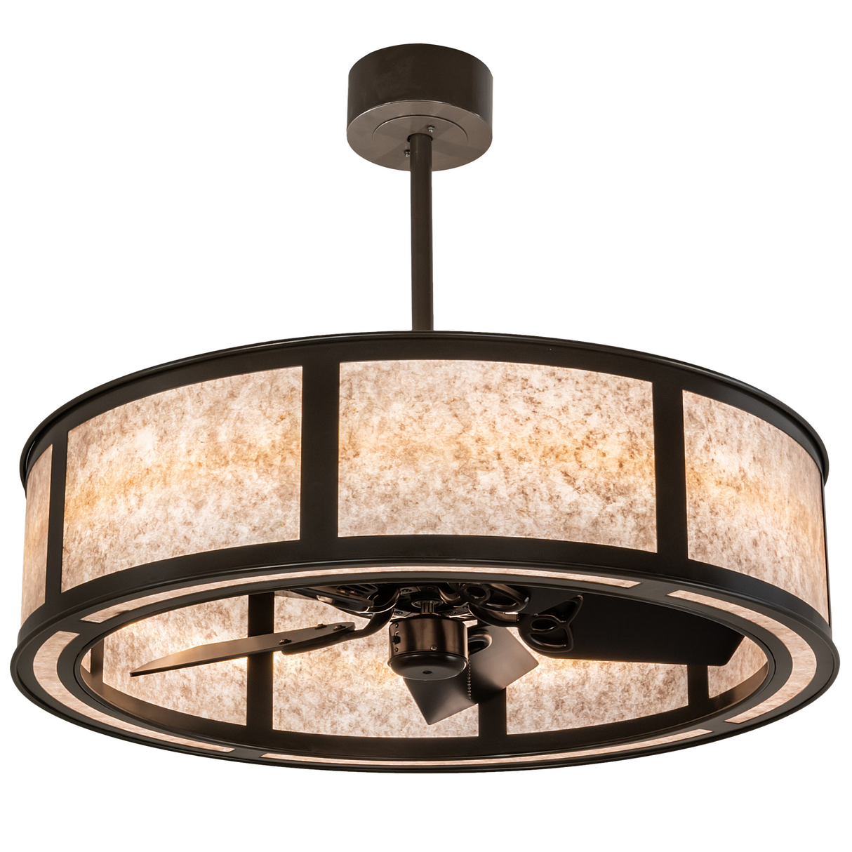 Lit angled view of Smythe Craftsman Chandel-Air showing silver mica glow.