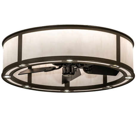 Front view of lit Smythe Craftsman Chandel-Air showing soft white glow and fan blades.
