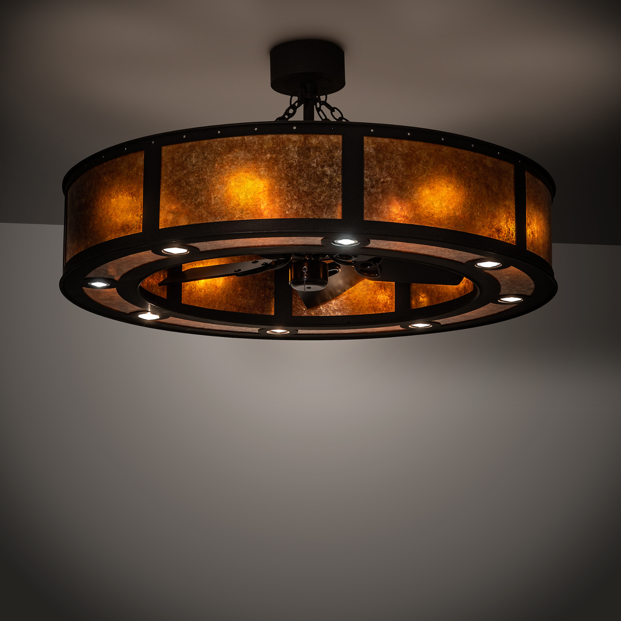 Smythe Craftsman Chandel-Air illuminated in room setting with warm amber glow.
