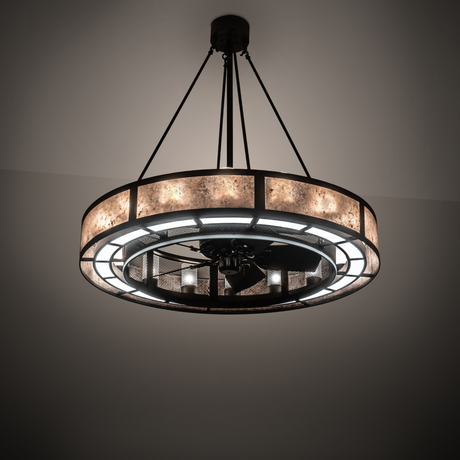 Smythe Craftsman Chandel-Air glowing warmly in room with bronze finish.