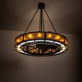 Smythe Craftsman Chandel-Air illuminated in room with warm amber lighting.