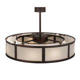 Top angled view showing warm light glow and bronze support rods.