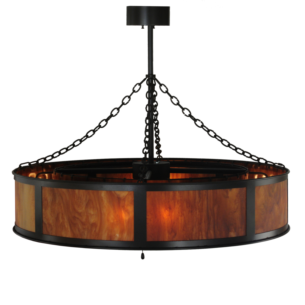 Rear lit view showing warm amber mica panels of Smythe Craftsman Chandel-Air.
