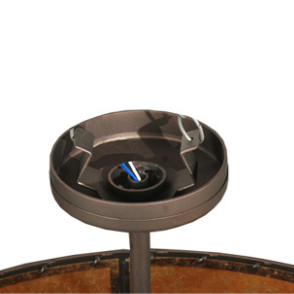 Mounting detail close-up with metal canopy and rod.