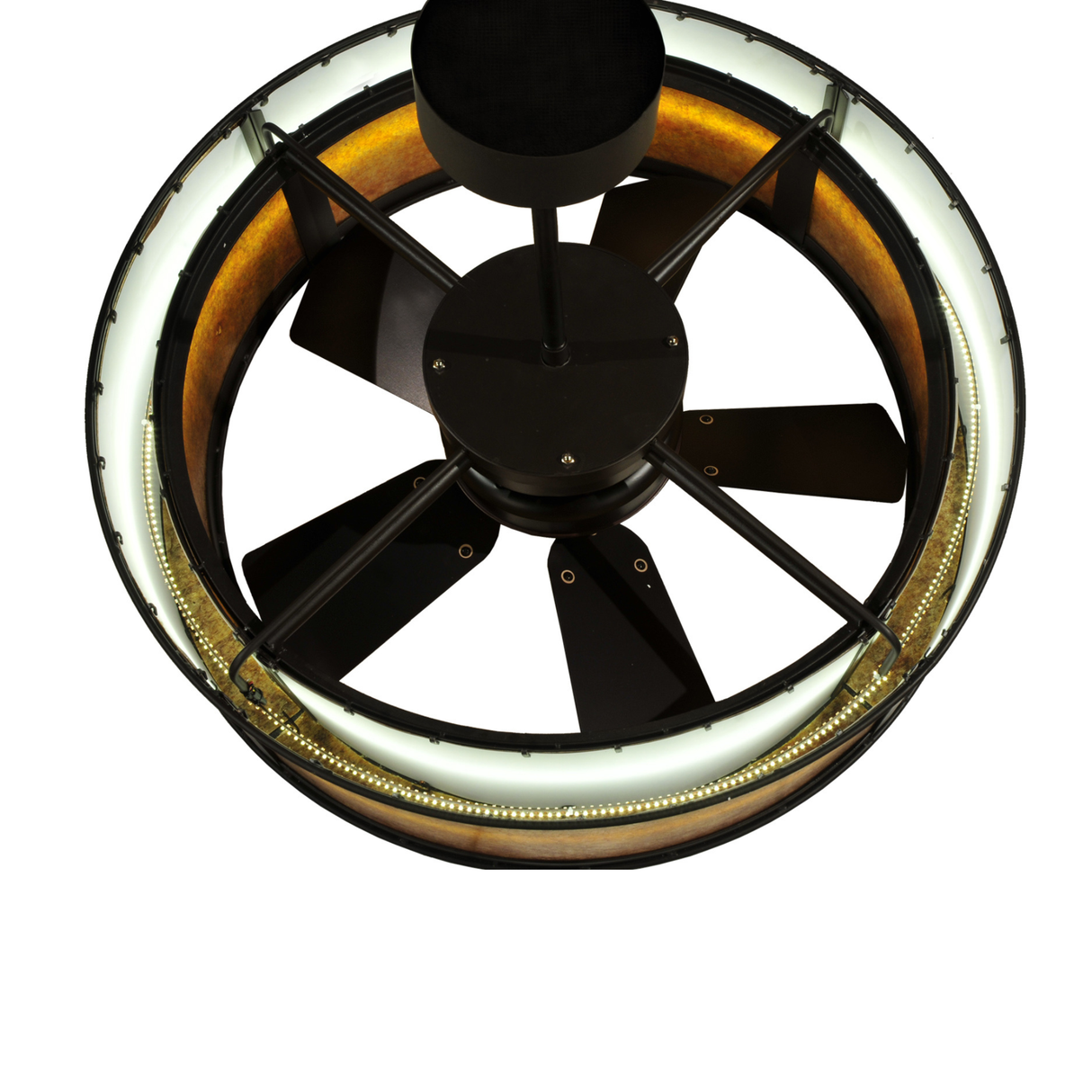 Overhead close-up showing LED strip and interior fan assembly