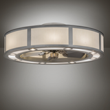 Room angle lit view showing Smythe Craftsman Chandel-Air illuminating softly.