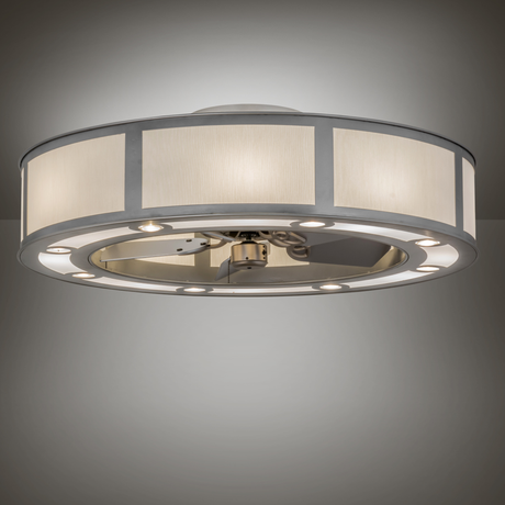 Room angle lit view showing Smythe Craftsman Chandel-Air illuminating softly.
