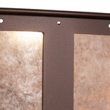 Close-up of Smythe Craftsman chandelier fan’s mica shade and bronze frame texture.