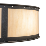 Close-up of linen Idalight shade with natural iron frame texture.
