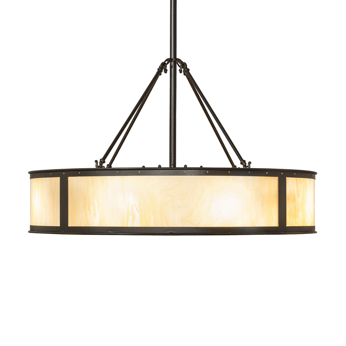 Side profile of lit Smythe Craftsman Chandel-Air chandelier fan.