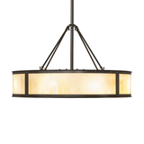 Side profile of lit Smythe Craftsman Chandel-Air chandelier fan.