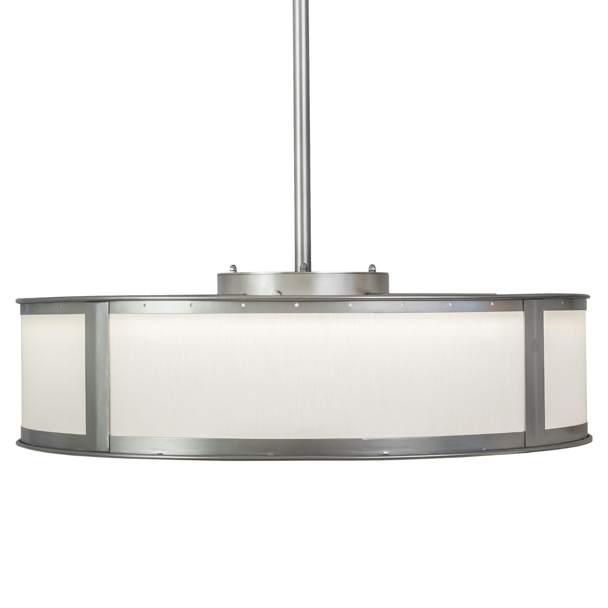Side view showing drum-shaped Beige Linen shade and sleek Nickel frame.