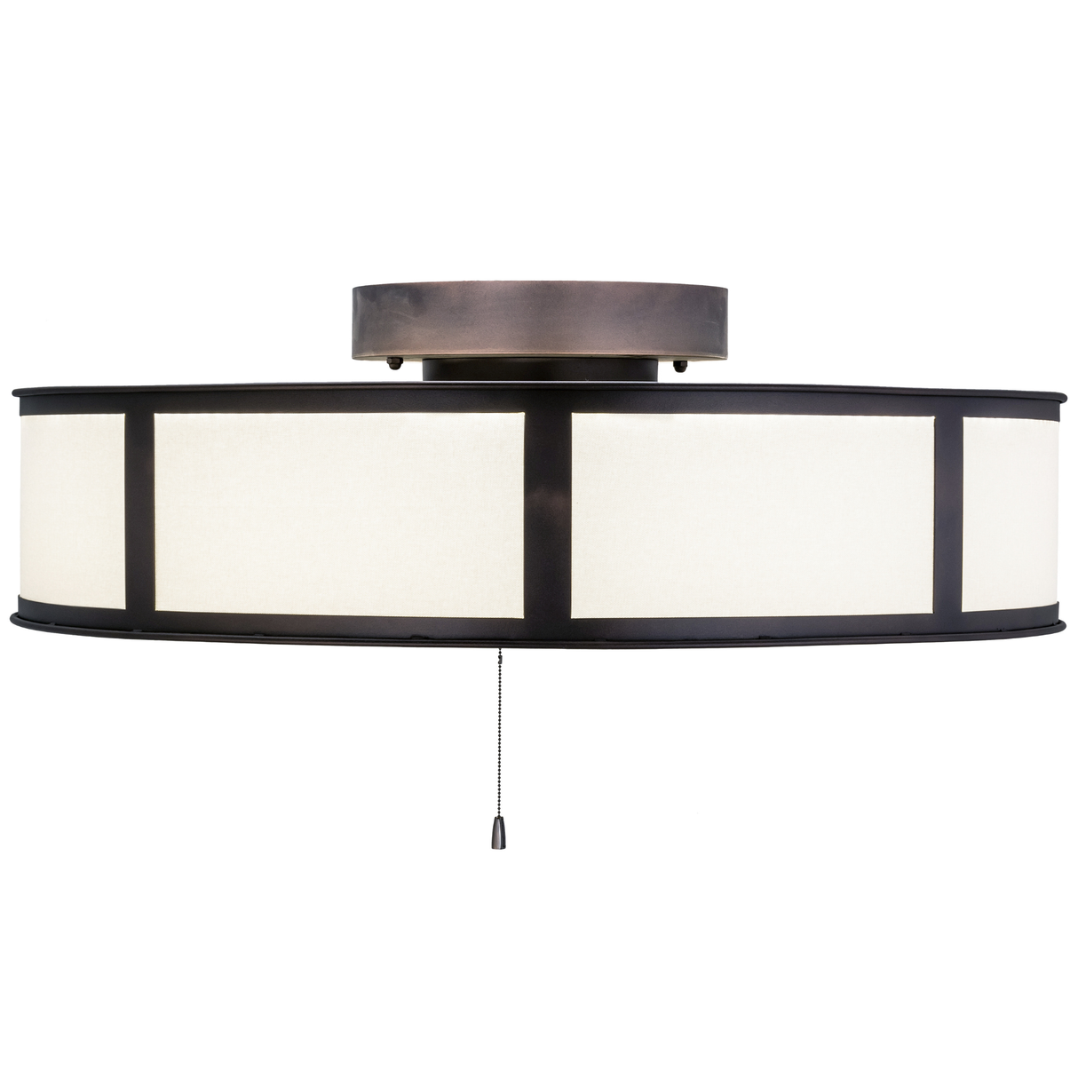 Side view showing two-tone design with beige linen and bronze trim.