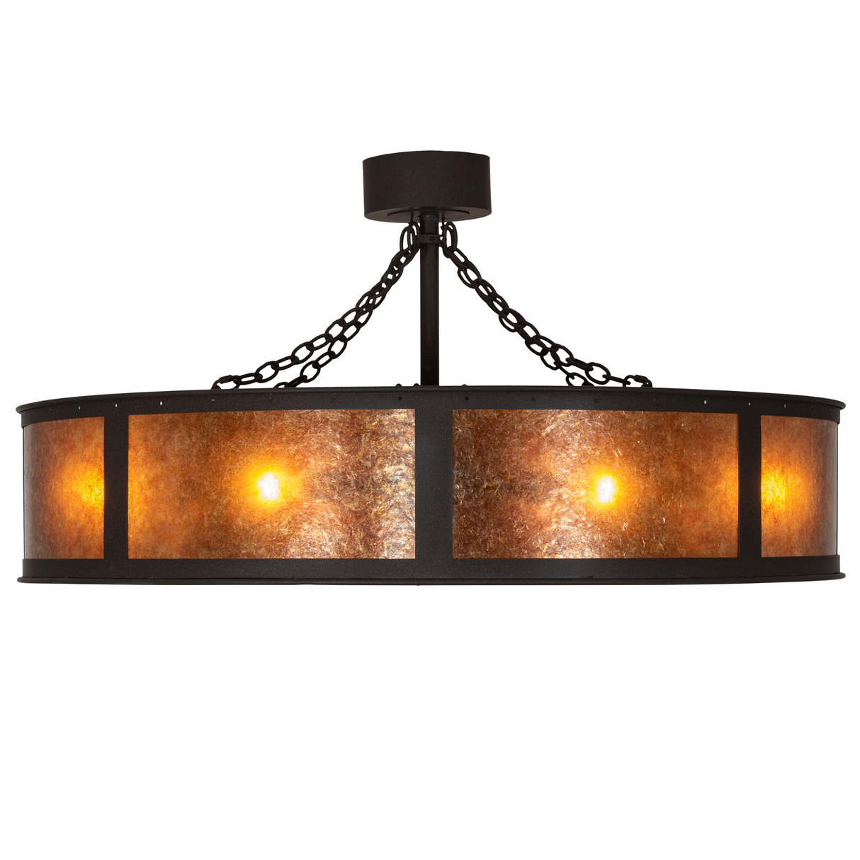 Side lit view displaying chain suspension and glowing amber panels.