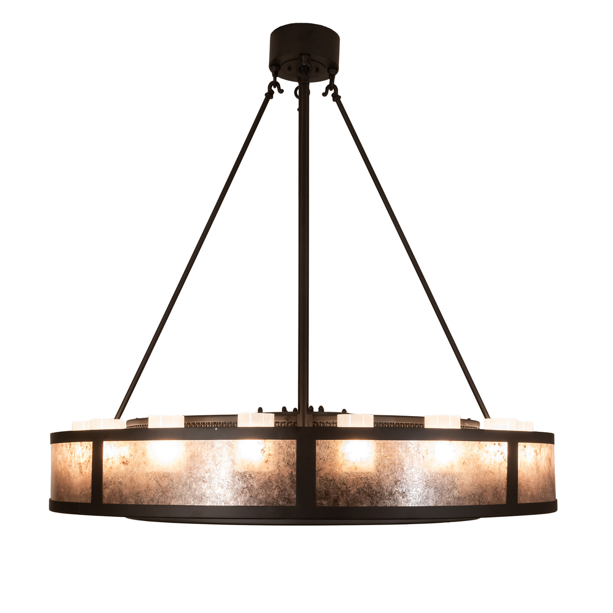 Side lit view emphasizing layered light and oil rubbed bronze structure.