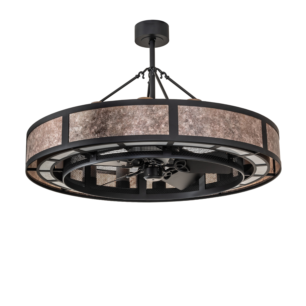 Side view of unlit Smythe Craftsman Chandel-Air chandelier fan in Solar Black finish.