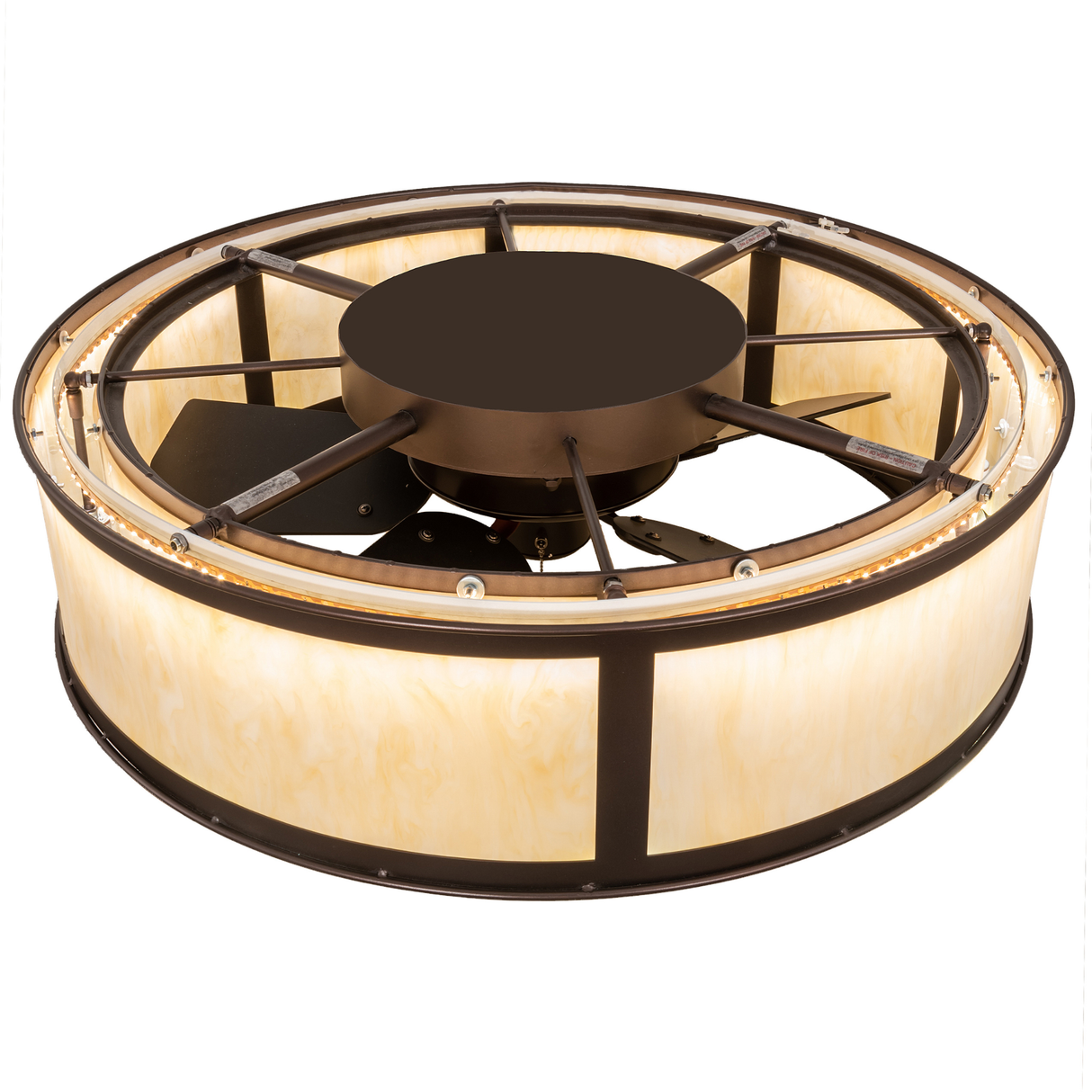 Top angle lit view showing integrated fan and inner illumination.