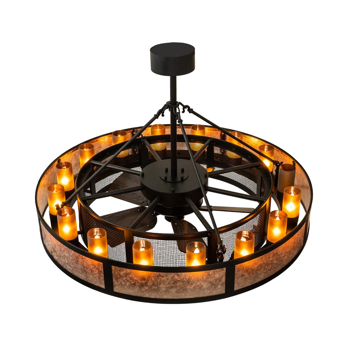 Top angle view of Smythe Craftsman chandelier fan lit with amber mica glow.