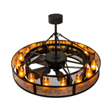 Top angle view of Smythe Craftsman chandelier fan lit with amber mica glow.
