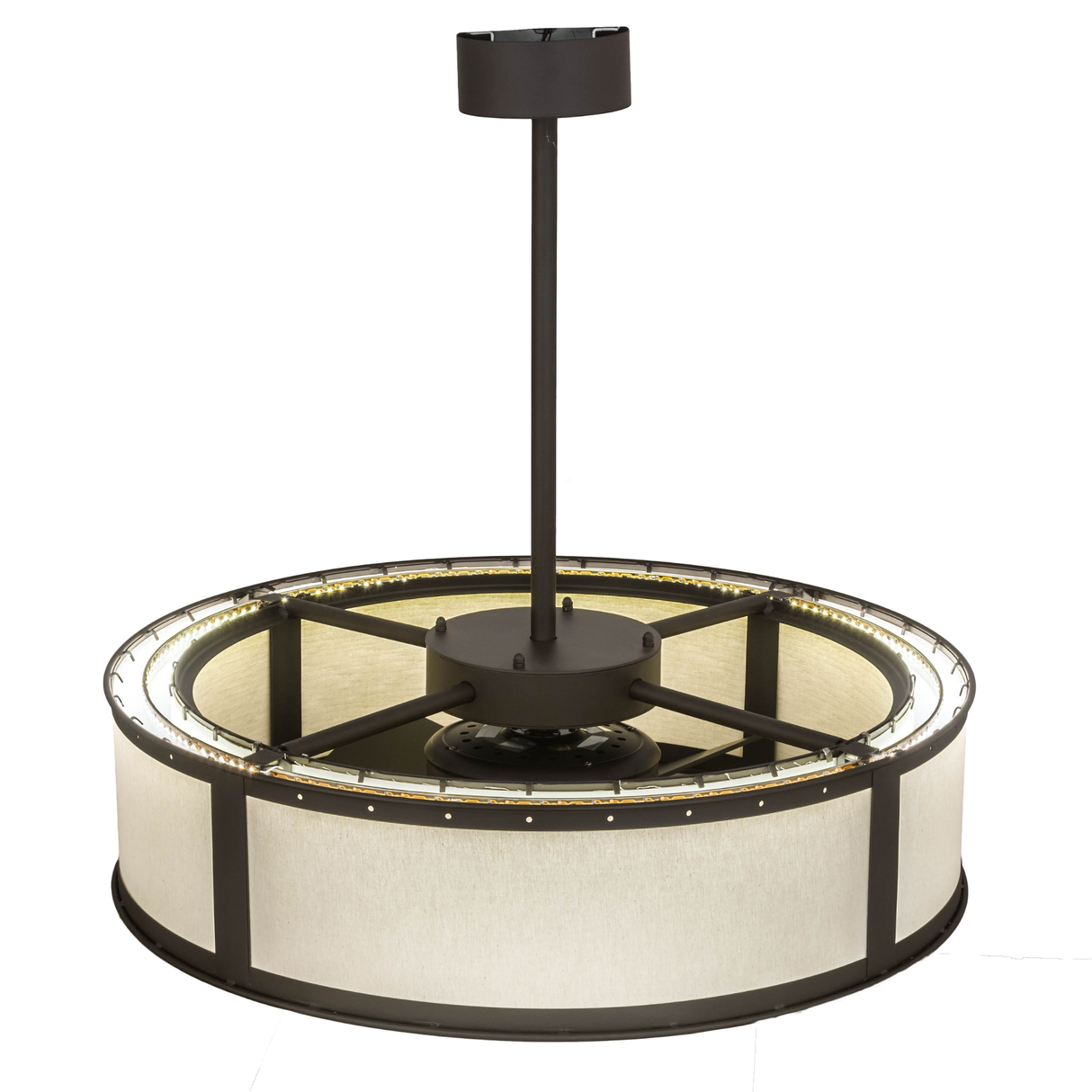 Top angled lit view highlighting LED illumination and fan design.
