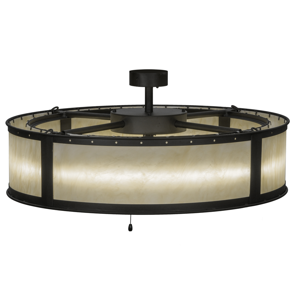 Top angled view highlighting ceiling mount and supporting frame rods.
