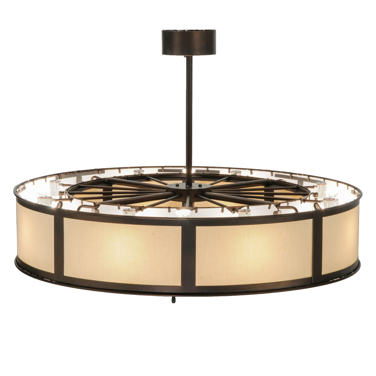 Top angle lit view showing circular frame and inner light array.