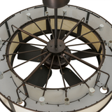 Top angle unlit view showing metal frame, fan, and bulb sockets.