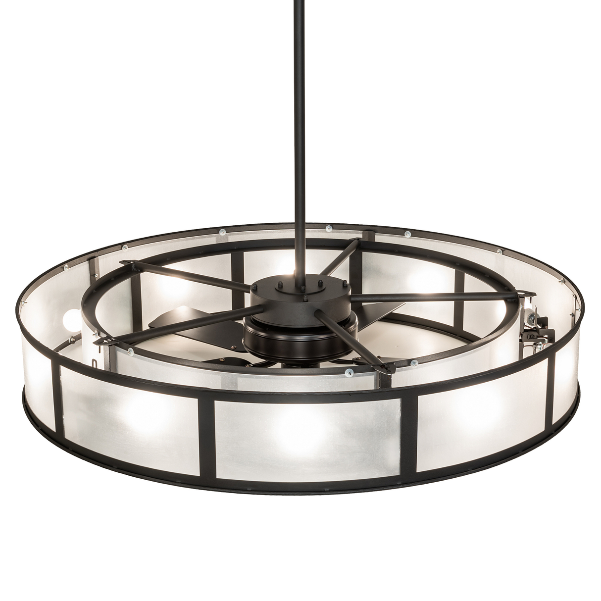 Overhead view highlighting inner bulbs and fan assembly.