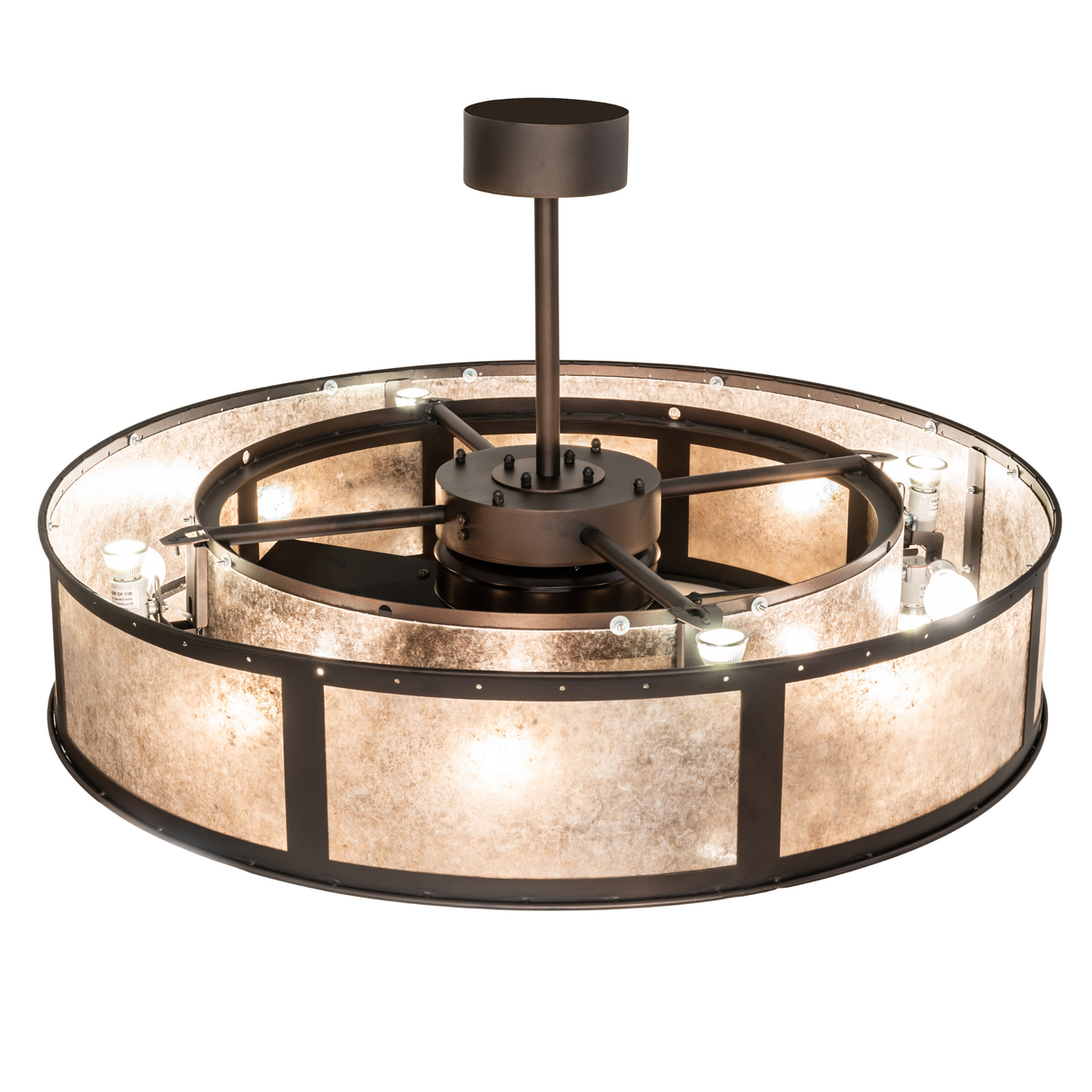 Overhead view of integrated fan within circular mica housing.