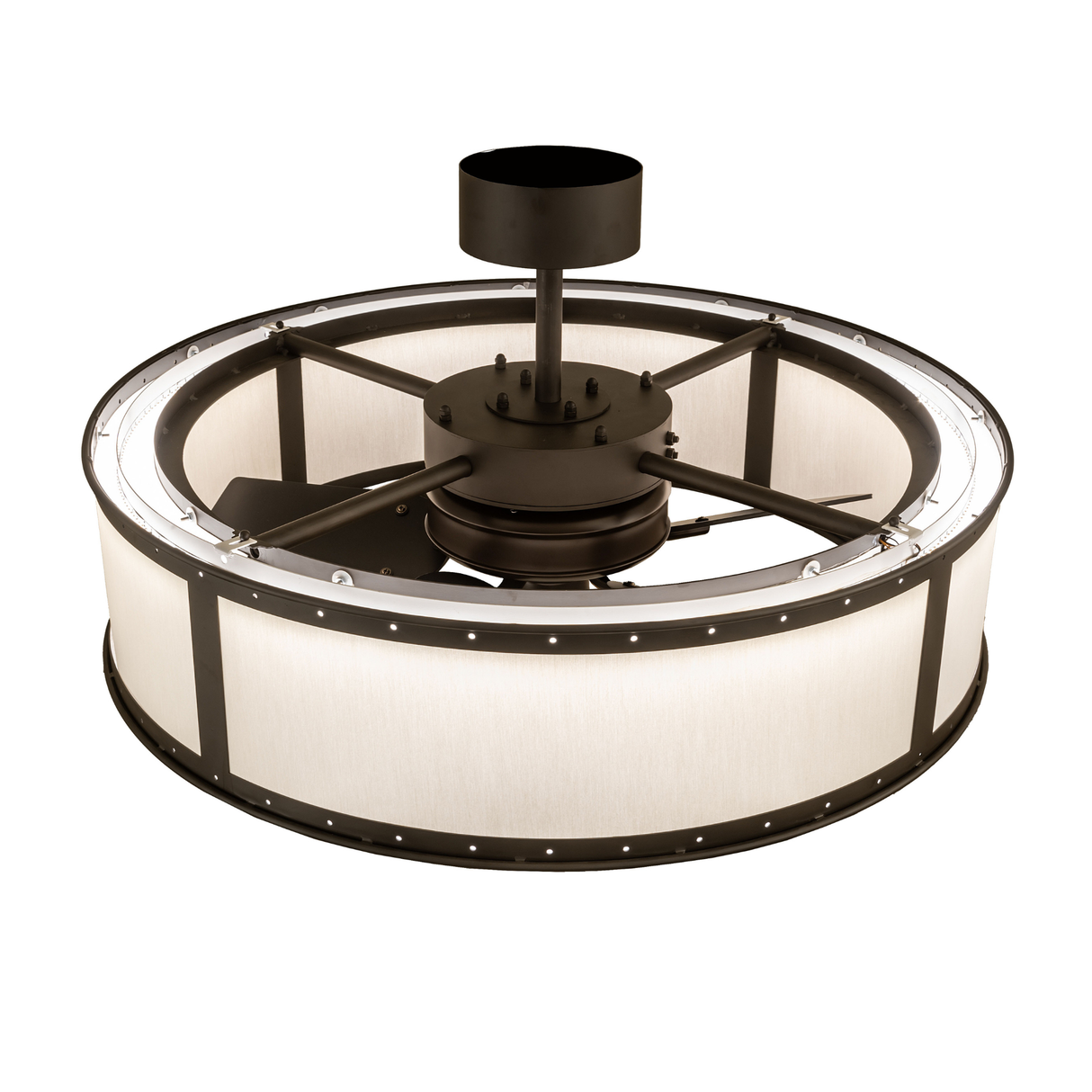 Top view of Smythe Craftsman chandelier fan showing circular frame and supports.