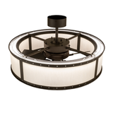 Top view of Smythe Craftsman chandelier fan showing circular frame and supports.