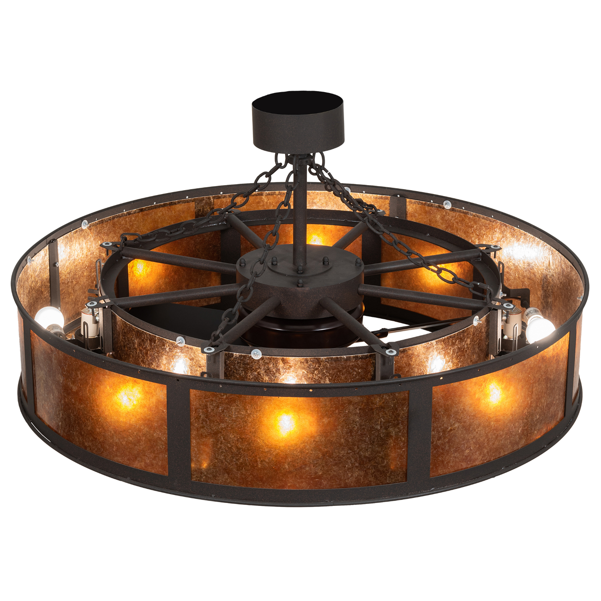 Overhead lit view highlighting fan structure and internal lighting.