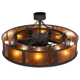 Overhead lit view highlighting fan structure and internal lighting.