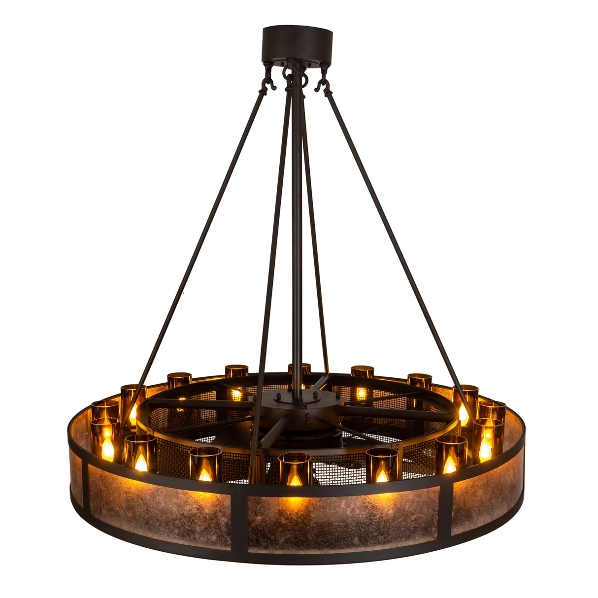 Overhead lit view showing 16 amber glass cylinders and integrated fan.