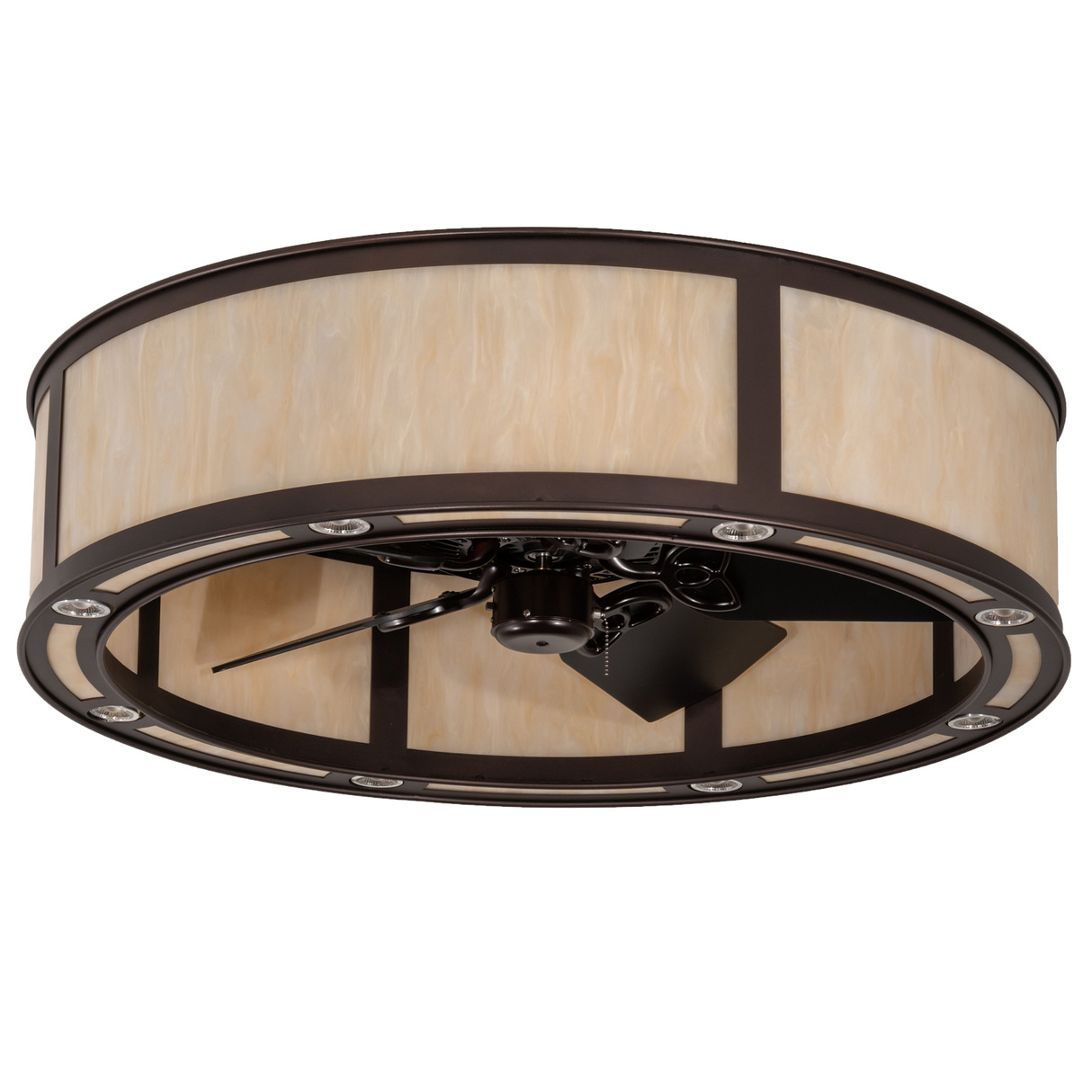 Unlit angled view showing bronze framework and Idalight panels.