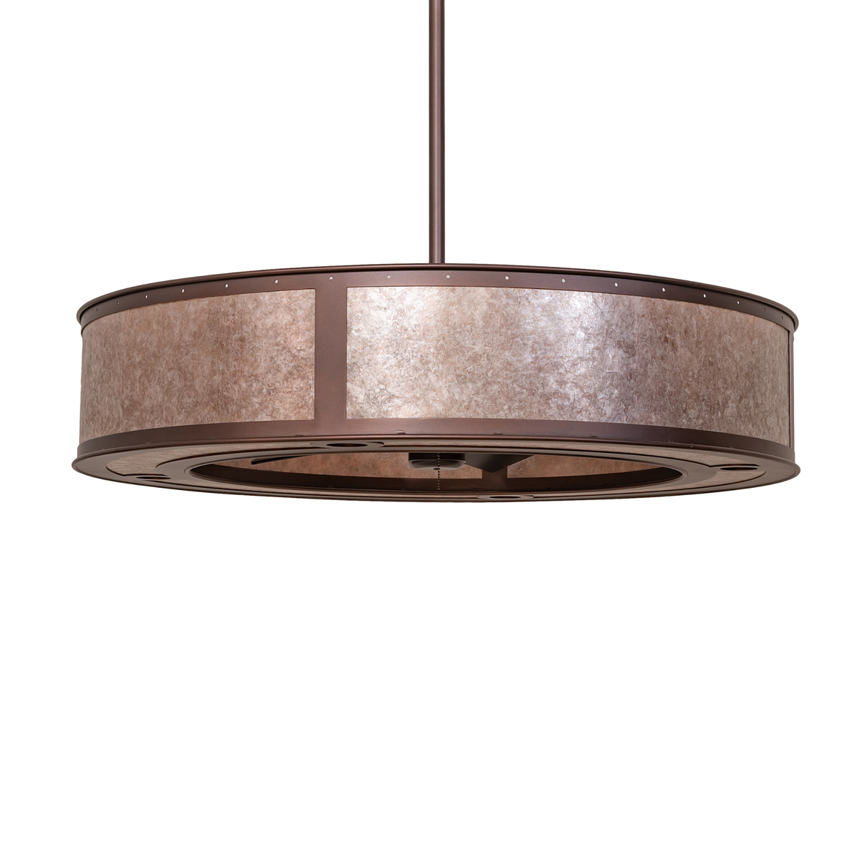 Unlit Smythe Craftsman chandelier fan with mica diffuser and bronze frame.
