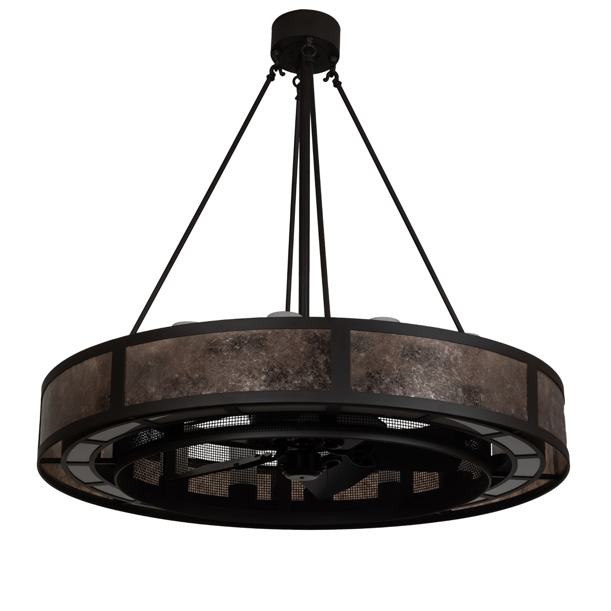 Unlit front angle view highlighting silver mica shade and dark bronze frame.