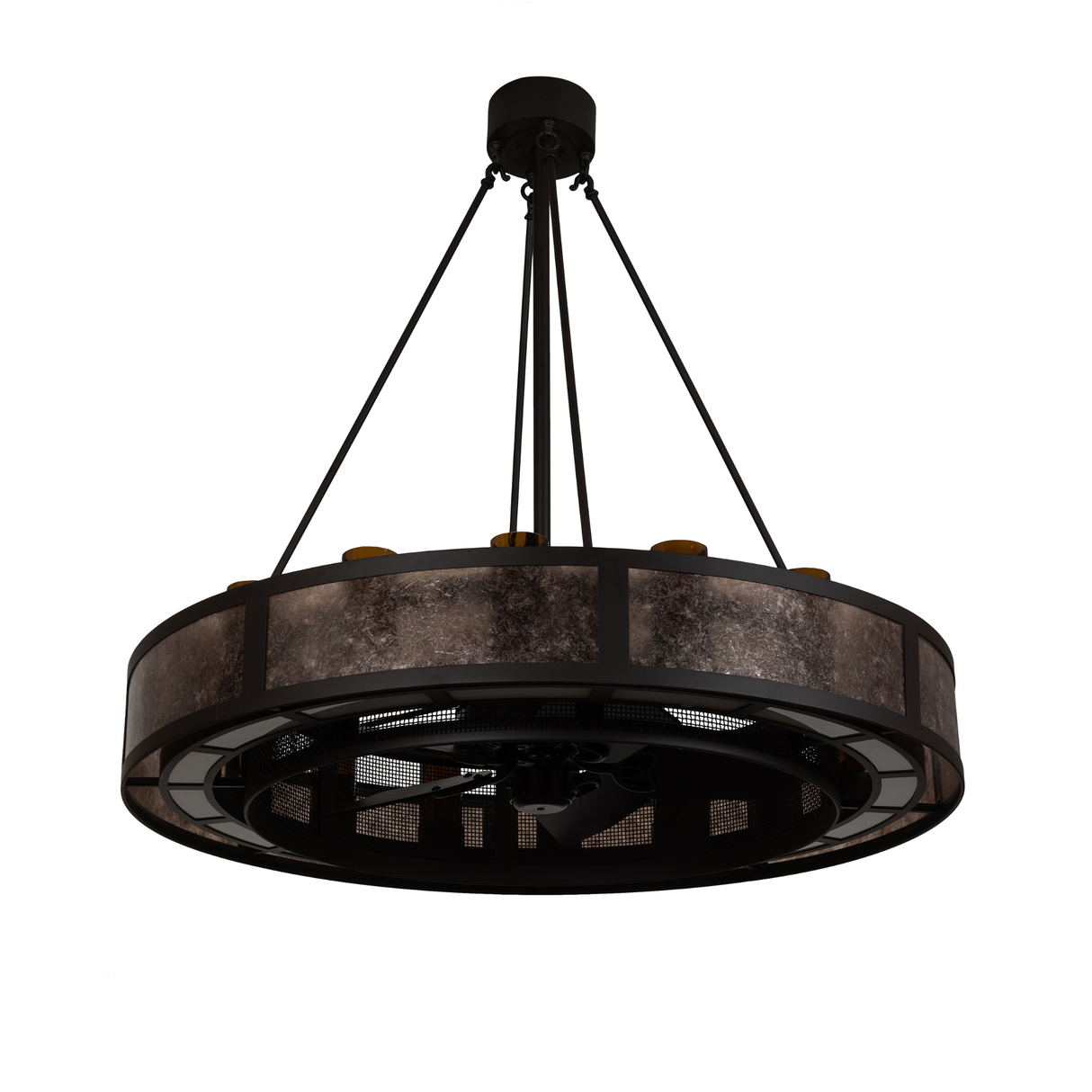 Unlit front angle view highlighting Timeless Bronze finish and mica panels.