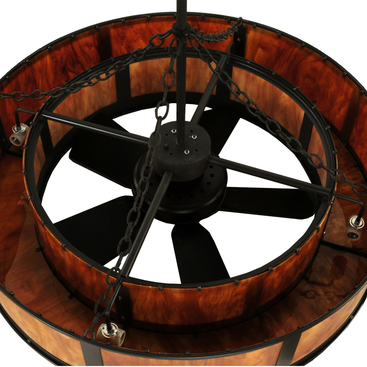 Unlit top view showing fan blades and structural frame of Smythe Craftsman Chandel-Air.