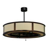 Slight angle front view showing unlit beige shade and inner fan