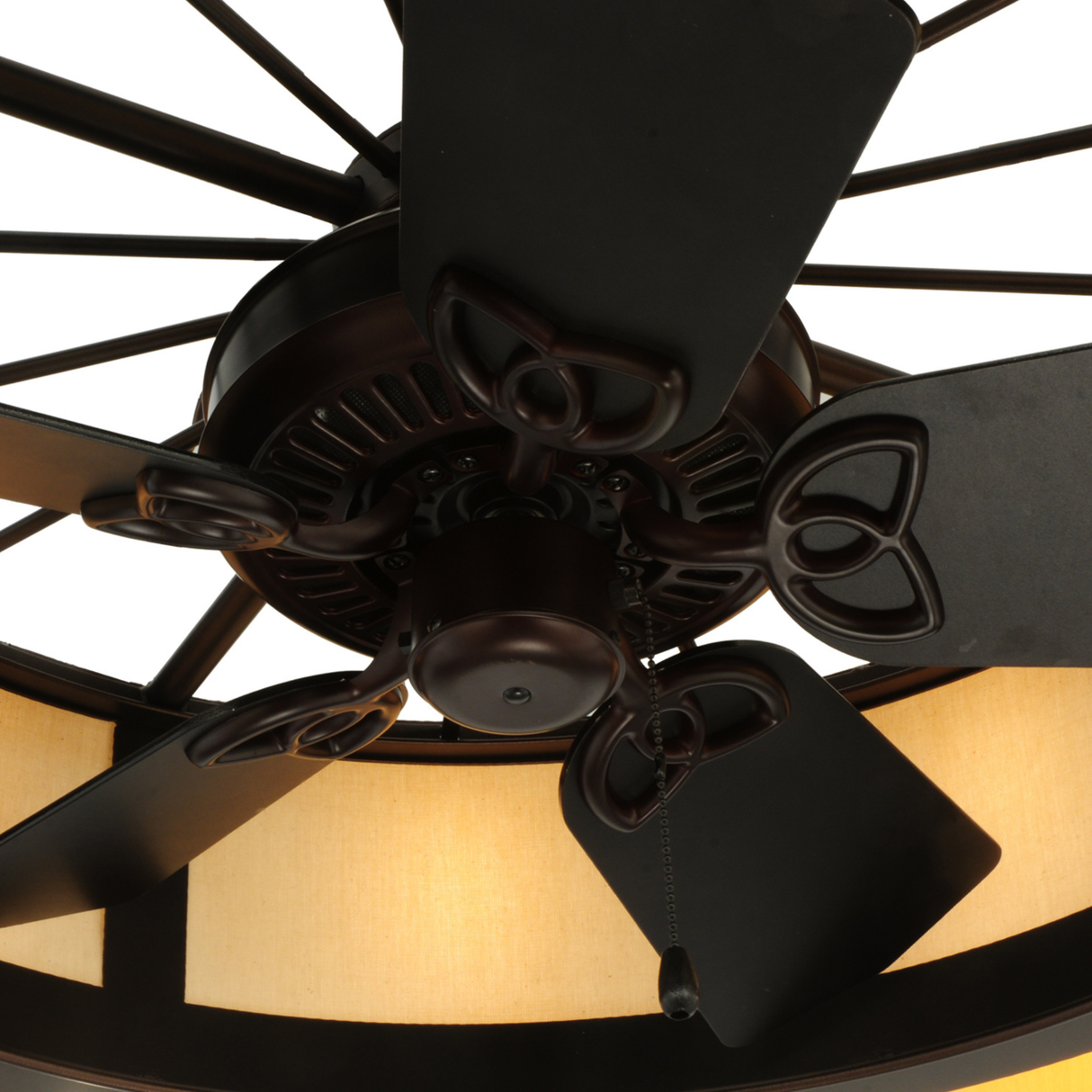 Bottom interior view showing fan assembly and illuminated shade.